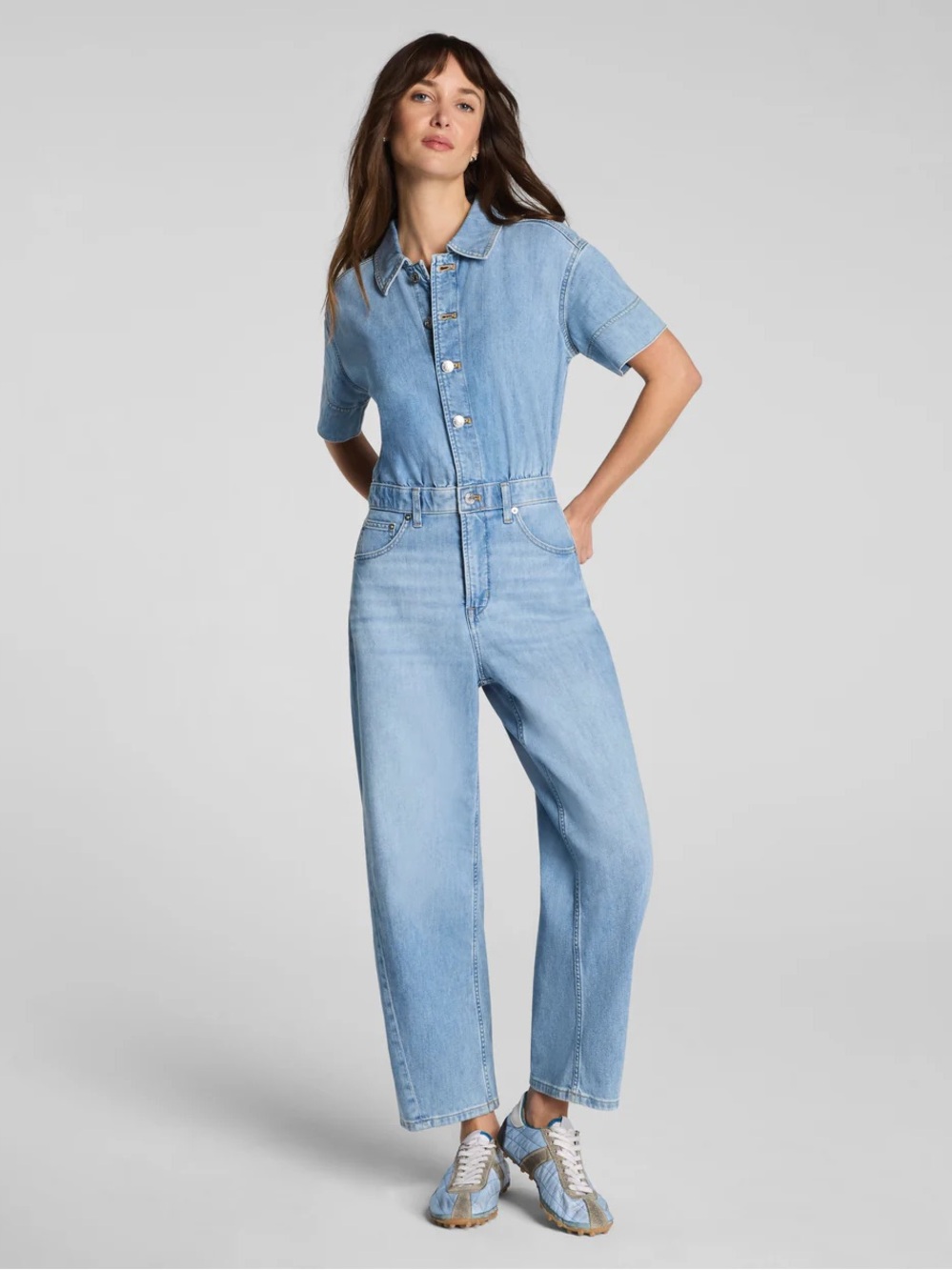 SPANX Light Blue Short-Sleeve Denim Jumpsuit